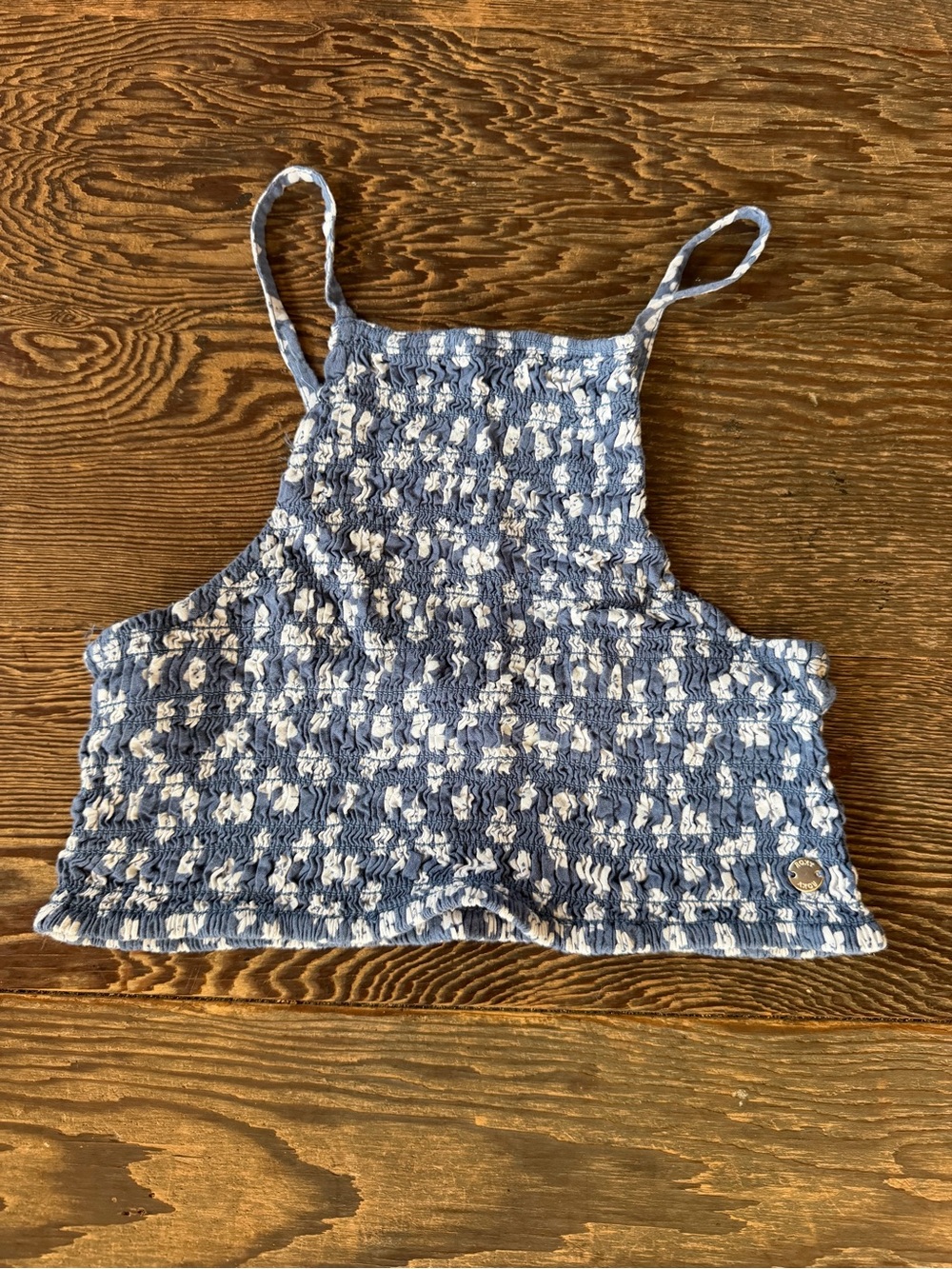 Roxy Blue and White Smocked Floral Cropped Cami
